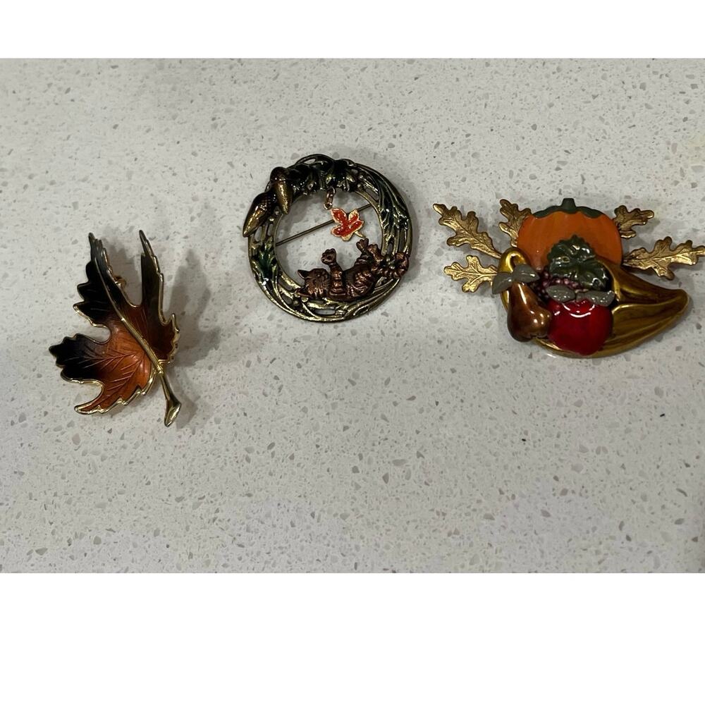 3 Fall Brooch Lapel Pins Wreath with Cat, Leaf‎ and Cornucopia